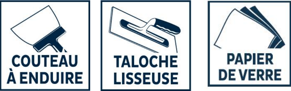 Outils d'application avec enduit de lissage : couteau à enduire, taloche lisseuse, papier de verre